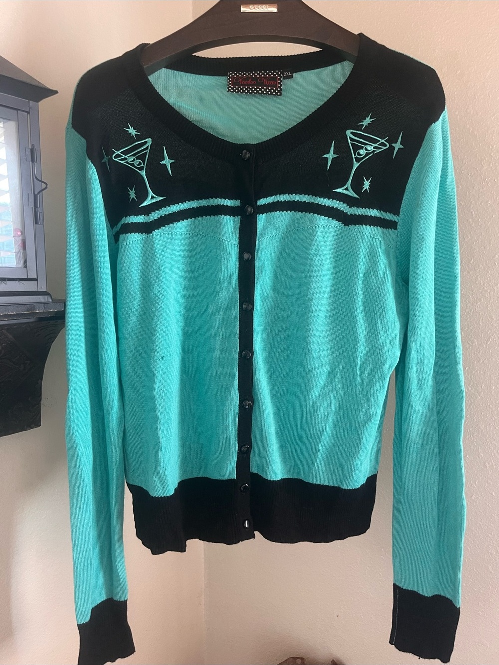 Voodoo Vixen Black & Aqua Martini-Embroidered Cardigan